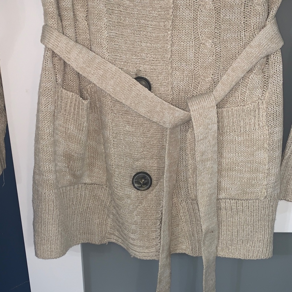 Tan Cable Knit Cardigan Sweater - Picture 2 of 6